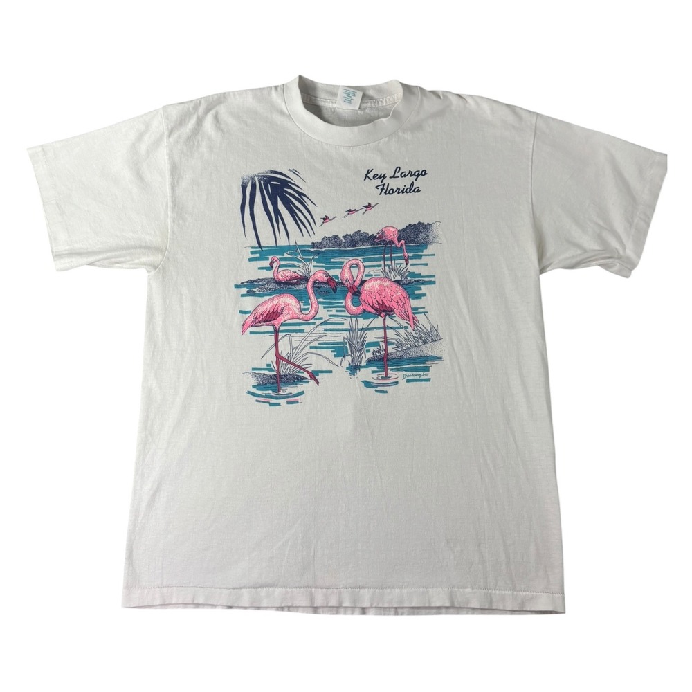 Vintage Bravo Key Largo Florida Flamingo T Shirt White XL Single Stitch 90s Tee